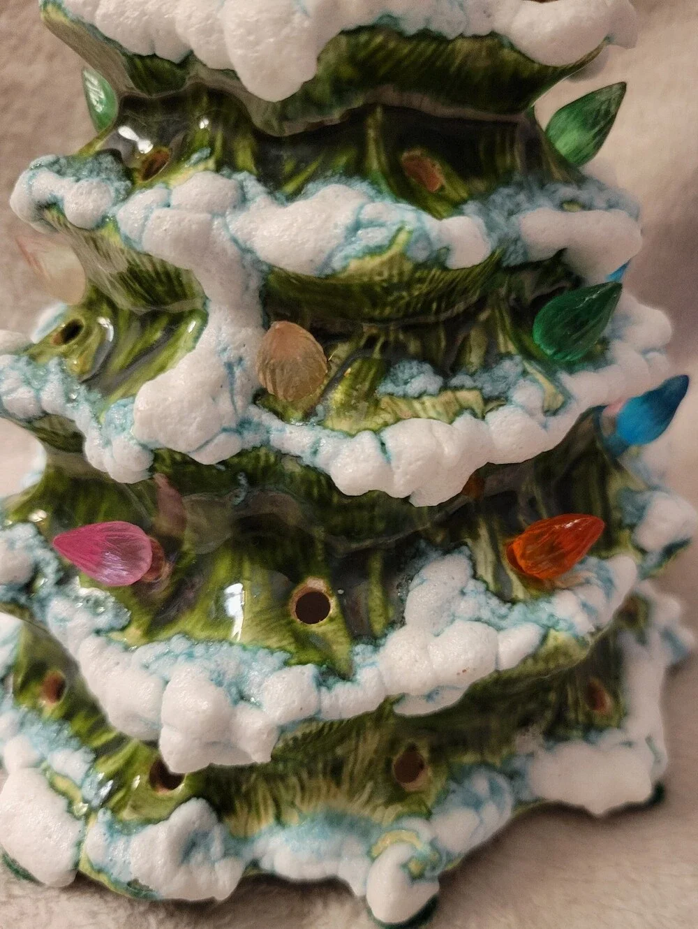 Vintage Ceramic Snowy Christmas Tree with Colorful Bulb Lights - Home Holiday